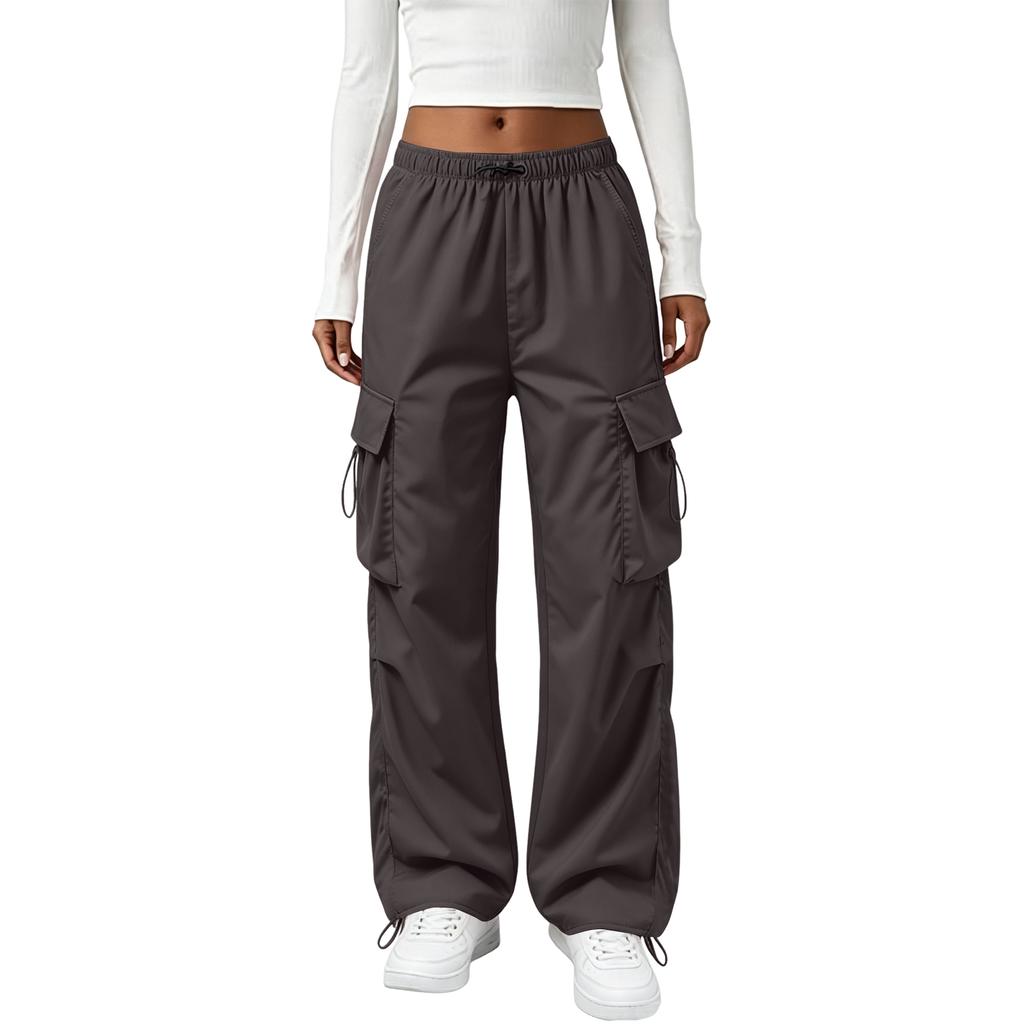 Women's Vintage Straight Leg Cargo Pants Elastic Waistband Drawstring Adjustable Hem Utility Workwear Trousers