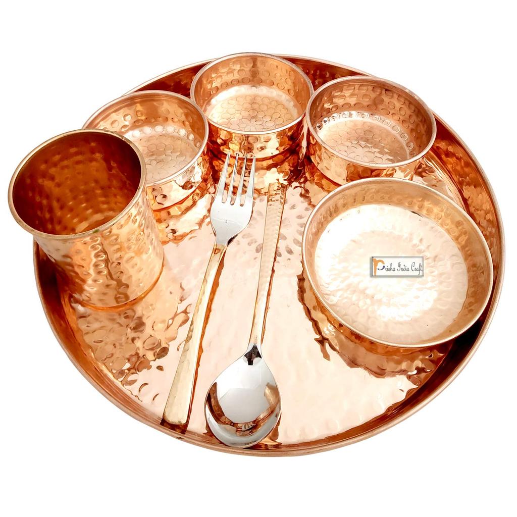 Prisha India Craft Hammered Design, Thali sada na večeři z čisté mědi, 16 kusů, servis pro 2