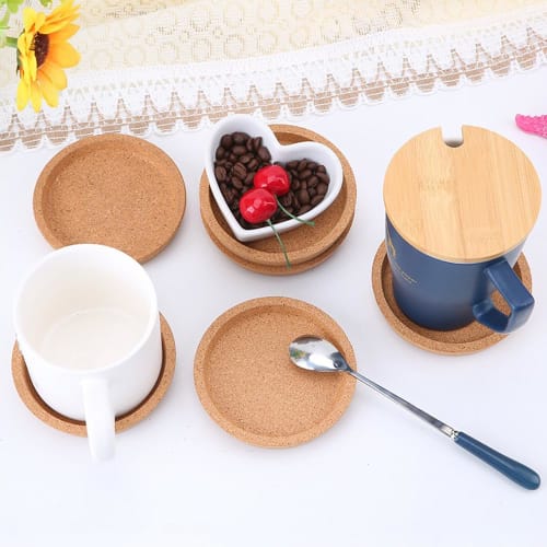 Samcos Round Cork Coasters, Pack of 12, 10cm Diameter, Heat-Resistant, Rounded Edges for Coffee Tables, Glasses, Mugs, Restaurants, Home, Cafes