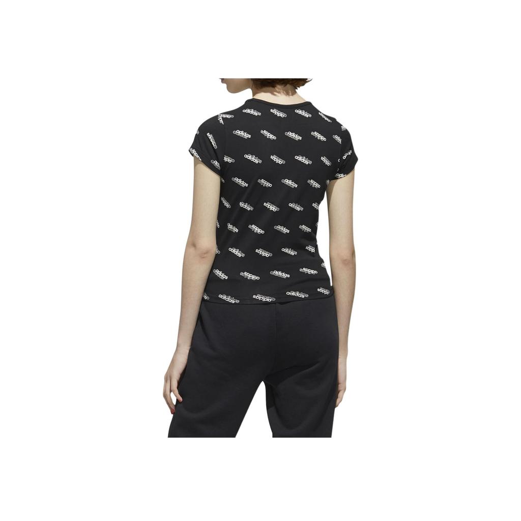 Adidas Sports Lifestyle Series Logo All Over Print Design Round Neck Breathable Casual Short Sleeve T-Shirt Women T-Shirts Black FM6191