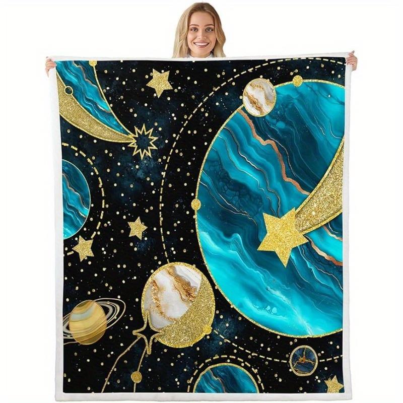 Extra Large Space-Themed Blanket - for Galaxy Throw with Golden Stars, Space Blanket , Marble Planet Home Decor 130x150cm51x59in