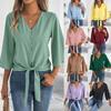 Women's Solid Color V Neck Button Front Tie Knot Flare 3/4 Sleeve Casual Chiffon Blouse Top