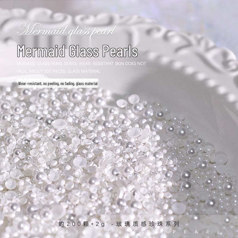 Crystal Glass & Pearl Nail Art Decorations - High Gloss, Flat Back, Off-White Semi-Circular Style
