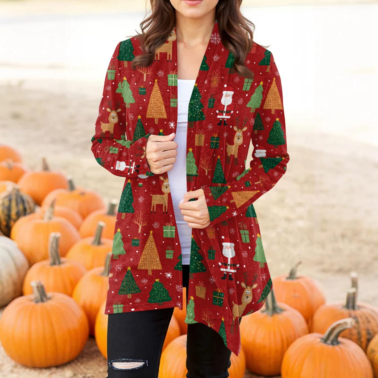 

Women s Fashion Casual Christmas Printed Mid-Length Irregular Hem Cardigan Jacket XL