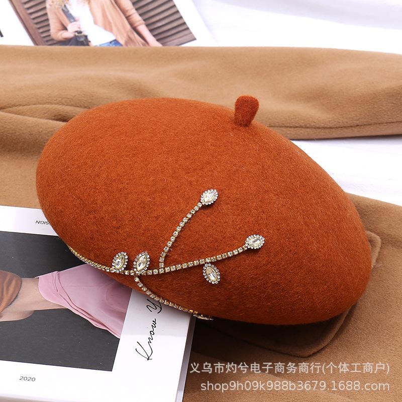 Wool Beret Autumn and Winter New Fashion Rhinestone Three-dimensional Painter Hat Versatile Women's Temperament Versatile Hat