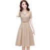 Office Lady Elegant Notched Collar Pleated Dress Korean Fashion Short Sleeve A-line Midi Vestido Belt Summer Casual Slim Dresses