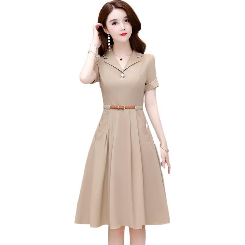 Office Lady Elegant Notched Collar Pleated Dress Korean Fashion Short Sleeve A-line Midi Vestido Belt Summer Casual Slim Dresses