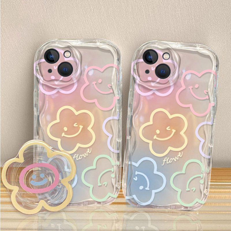 Clear Floral Print Cream Wavy Edge Phone Case for Iphone 15 Pro Max 11 12 13 14 15 16 Pro Max 16Pro with Cute Flower Chian Cover