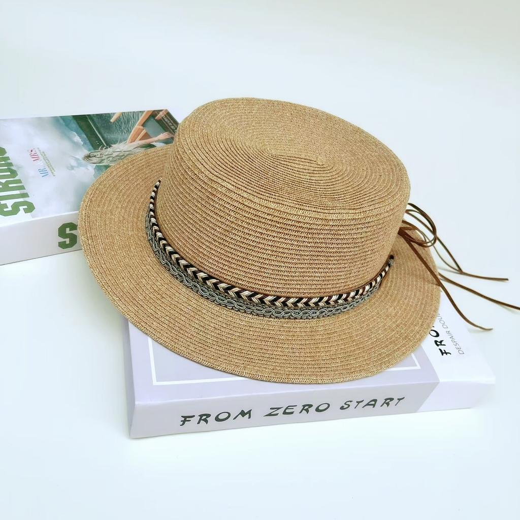 Bohemian Flat Top Straw Hat Women's Summer Outing Beach Hat Retro Webbing Face Small Sunshade Hat