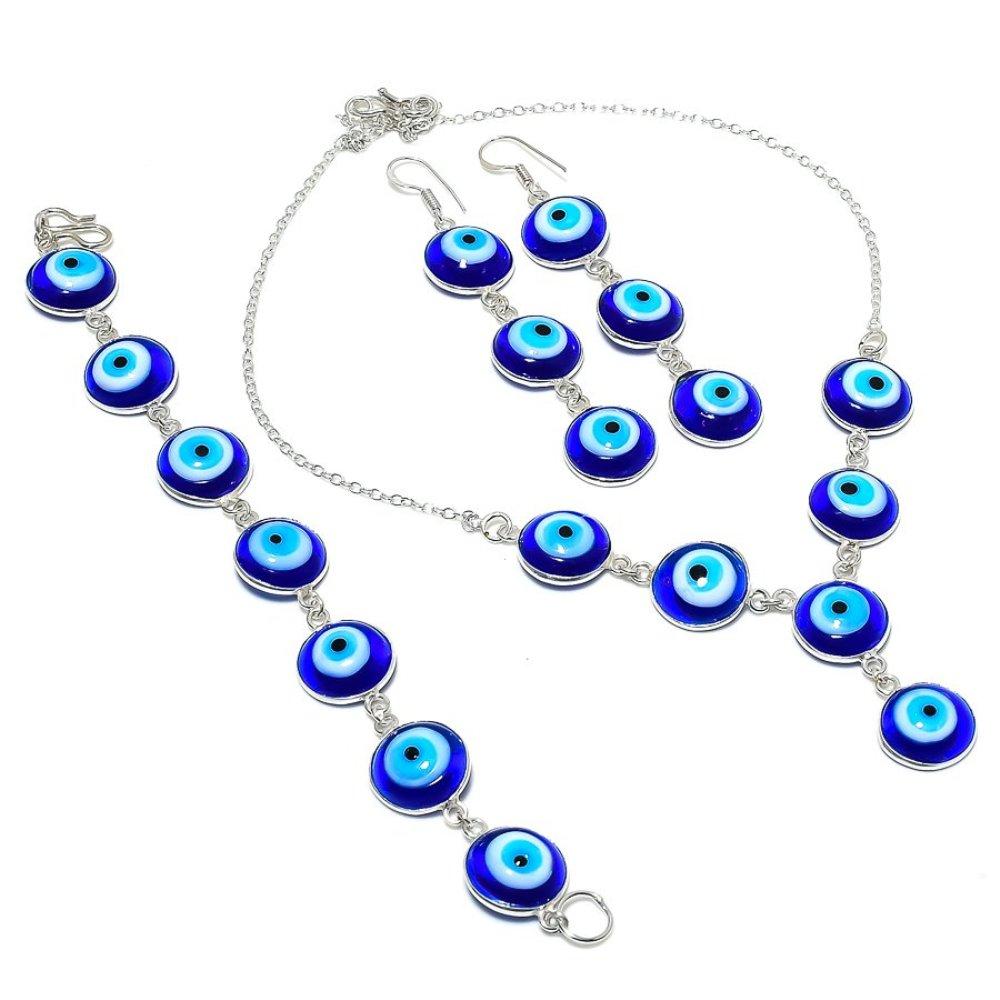 Natural Blue Evil Eye Gemstone Handmade 925 Sterling Silver Gift Set s5W34