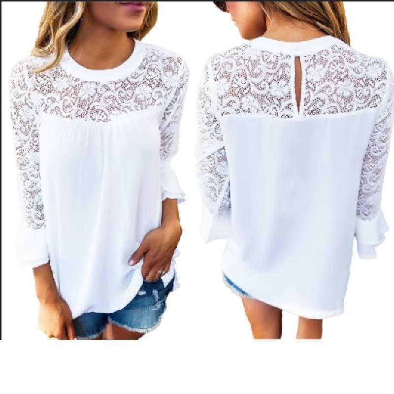 Elegant Chiffon Lace Blouse Loose Fit Pullover Long Sleeve T-shirt For Women
