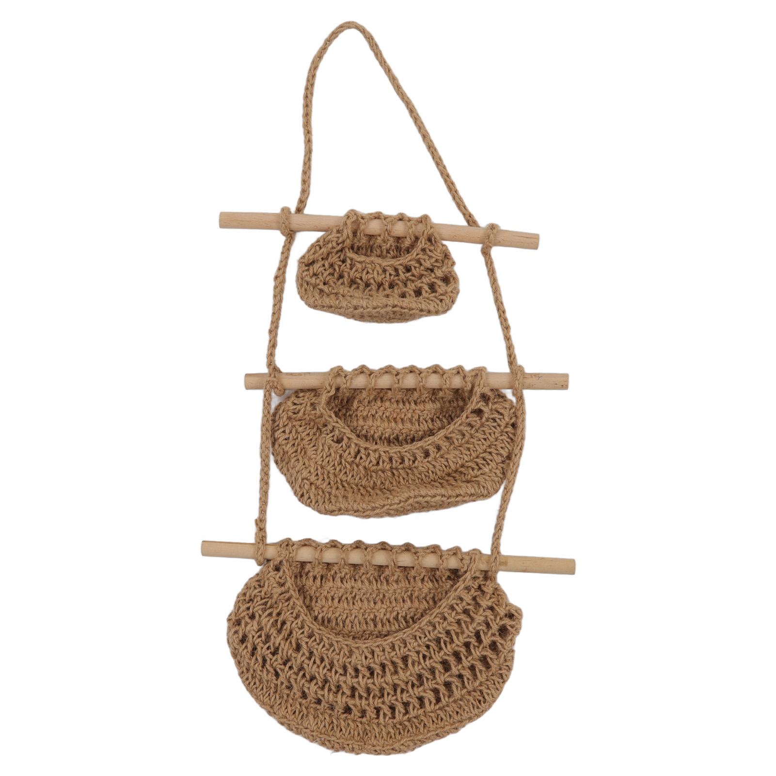 Hanging Fruit Basket 3 Tier Wall Mounted Handcraft Hemp Rope Wood 3 Tier Hanging Wall Basket for Toys Pet Plush Toys