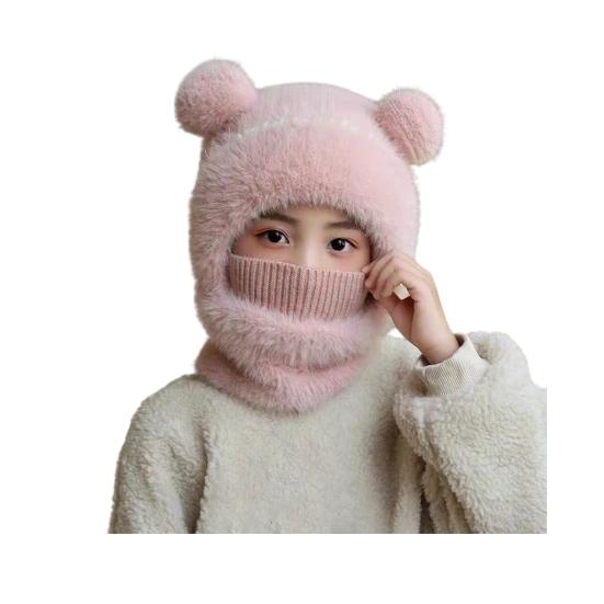 Children Hat with Face Guard Double Plush Ball Decor Solid Color Windproof Ear Protection Baby Hat Woolen Knitted Hat