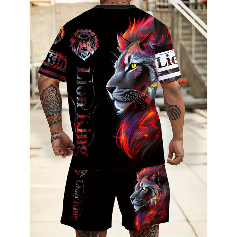 Men s lion 3D print suit, trendy two-piece round neck short-sleeved shorts set, multiple patterns S