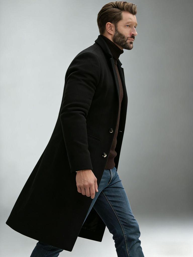 2024 Men's Mid-Length Woolen Coat: Autumn/Winter, Single-Breasted, Casual Commute, European Size