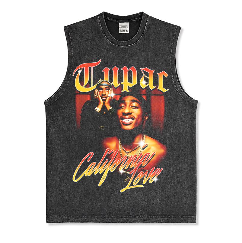 Canotta Senza Maniche Tupac Grafica Retro High Street Cotone Pesante