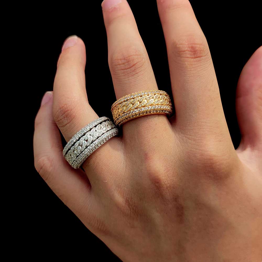 New Cuban Link Chain Design Ring Fully Micro Zircon Paved R0tatable Cuban Ring,Hiphop Iced Out Men's Swivel Cuban Ring.