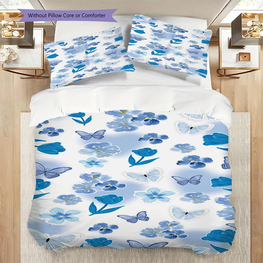 1PC Mariposas, flores Juego de Ropa de Cama Colcha Funda de Colcha Funda de Almohada Decoración del Hogar Regalo de Cumpleaños (1 * funda de edredón + 15 * funda de almohada, sin relleno)
