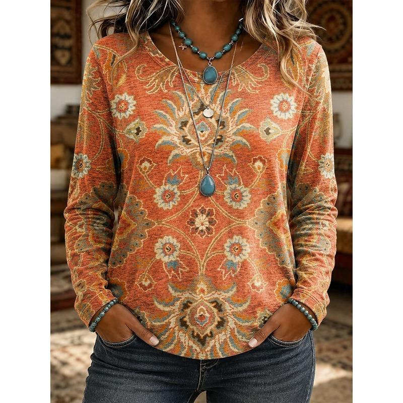 Women s Boho Floral Print Crew Neck T-Shirt, Casual Loose Tops for Spring Summer Daily Street Tops for Summer Daily Streetwear S