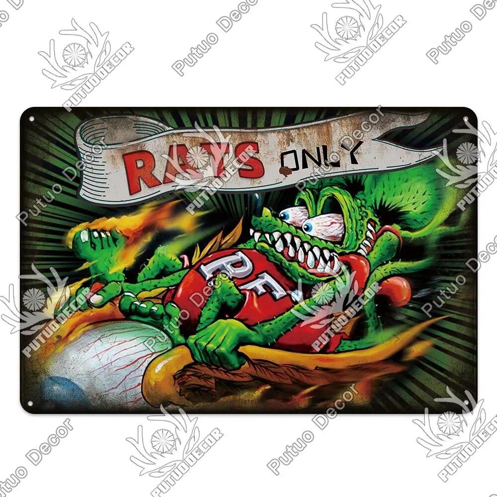 

Putuo Декор Rat Fink Модифицированная Автомобильная Культура Винтажная жестяная вывеска Металлические знаки для гаража Человек Пещера Бар Паб Клуб Украшение Настенный декор 11.8x15.7inch