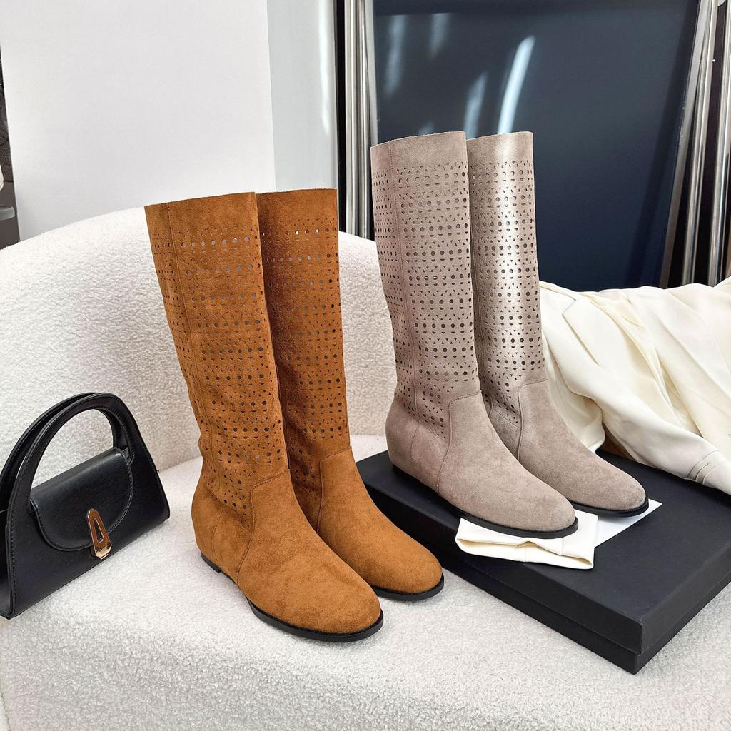 Hollow Breathable Tall Boots 2025 Autumn New Inner Height Increase and Thin Retro Knight Boots But Knee Boots