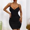 2024 Summer V-Neck Backless Spaghetti Strap Bodycon Dress - Ruched One-Piece for Women