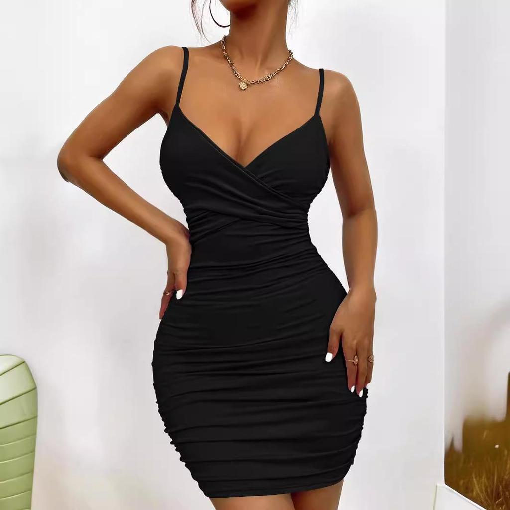 2024 Summer V-Neck Backless Spaghetti Strap Bodycon Dress - Ruched One-Piece for Women