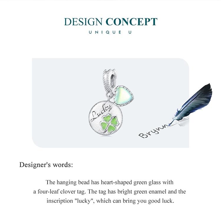 Bamoer 925 Sterling Silver Four-leaf Clover Hanging Bead Green Heart Pendant Charms for Women Bracelet DIY Fine Jewelry