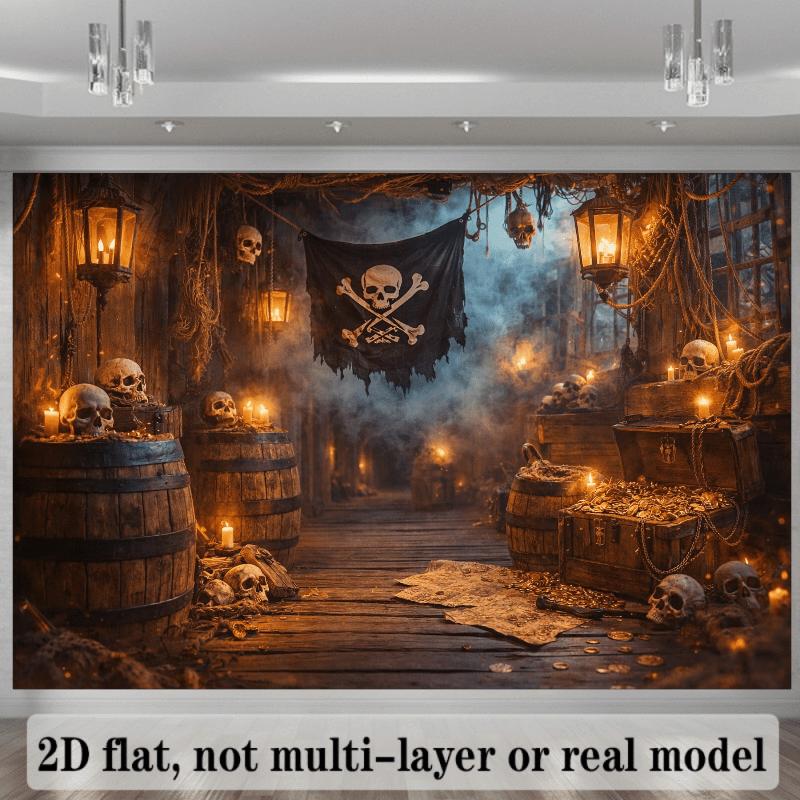 Washable 2D flat skull pirate-themed background fabric including skull flags barrel skulls treasure chests bones and oil