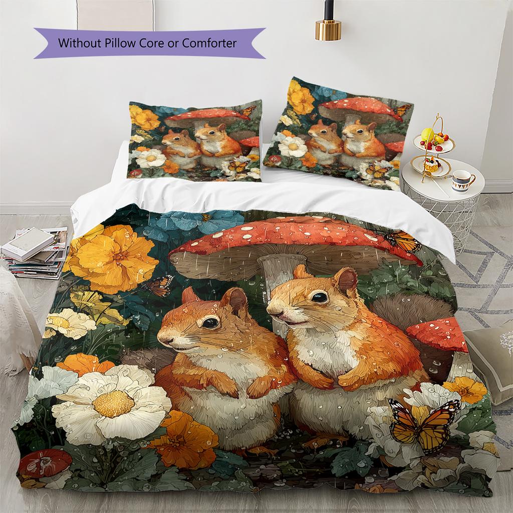 Mushroom Squirrel Pattern Bedding Quilt Set Quilt Cover Pillowcase Home Decoration Gift (1 * duvet cover + 2 * pillowcase, without core)
