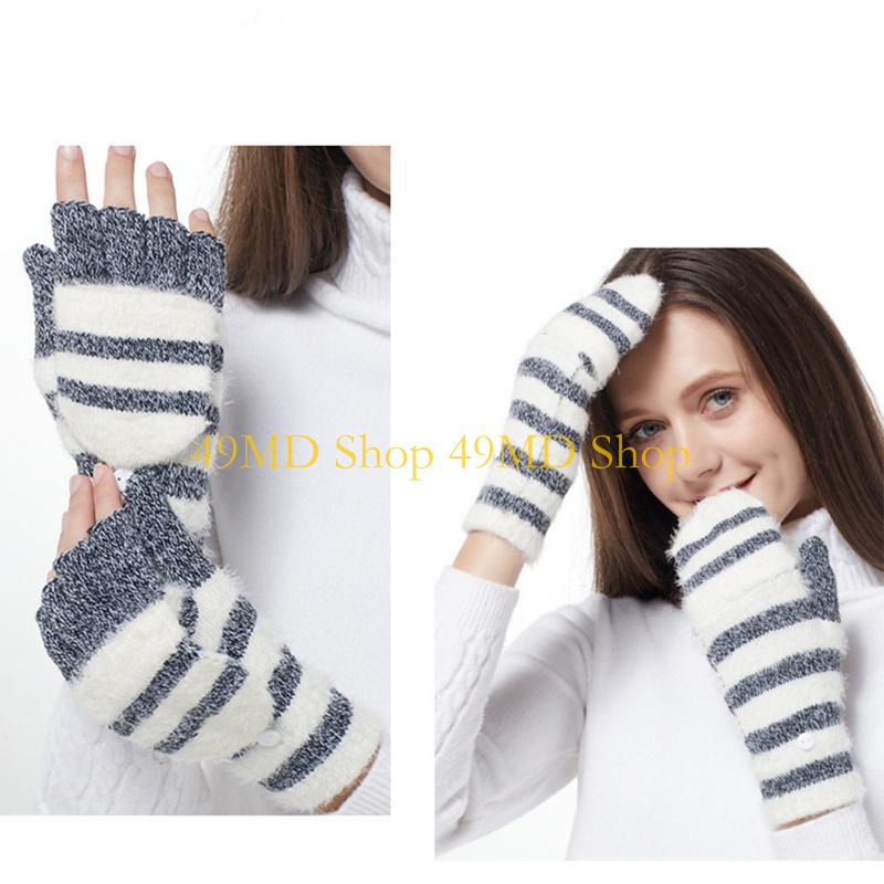 49MD Knitted Fingerless Gloves Winter Striped Gloves Cartoon Mitten with Top