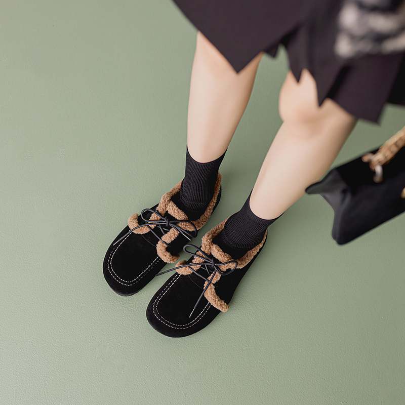 Krazing Pot Suede Fur Spring Autumn Winter Flats Lace Up Women Keep Warm Casual Shoes