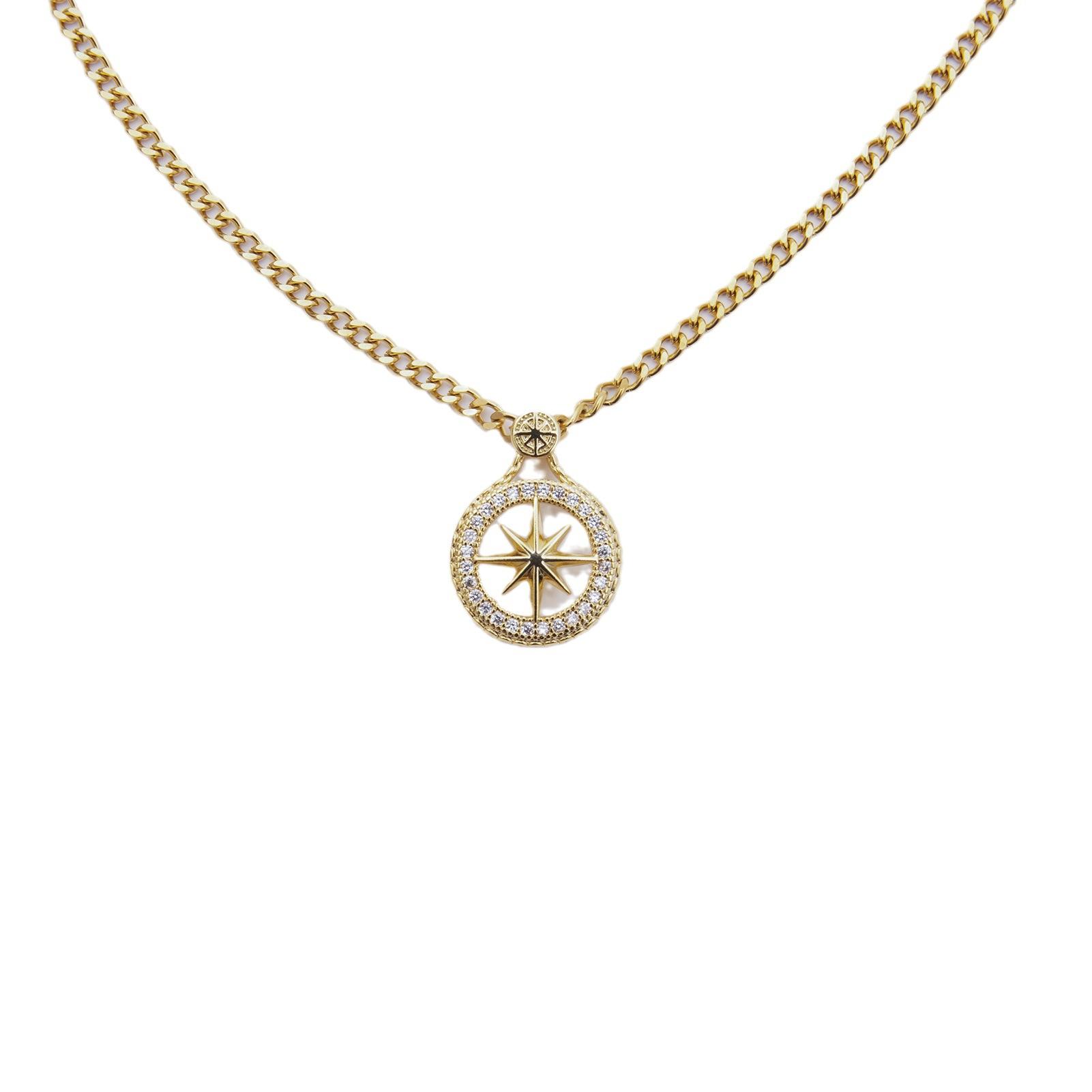 

Titanium steel chain compass necklace hip hop jewelry stand pendant cubic zirconia necklace Gold