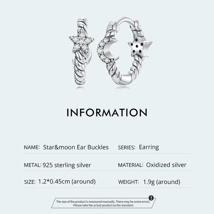 WOSTU 925 Sterling Silver Hoop Earrings, Crescent Moon & Star High Polish Tarnish Resistant Trendy Earrings