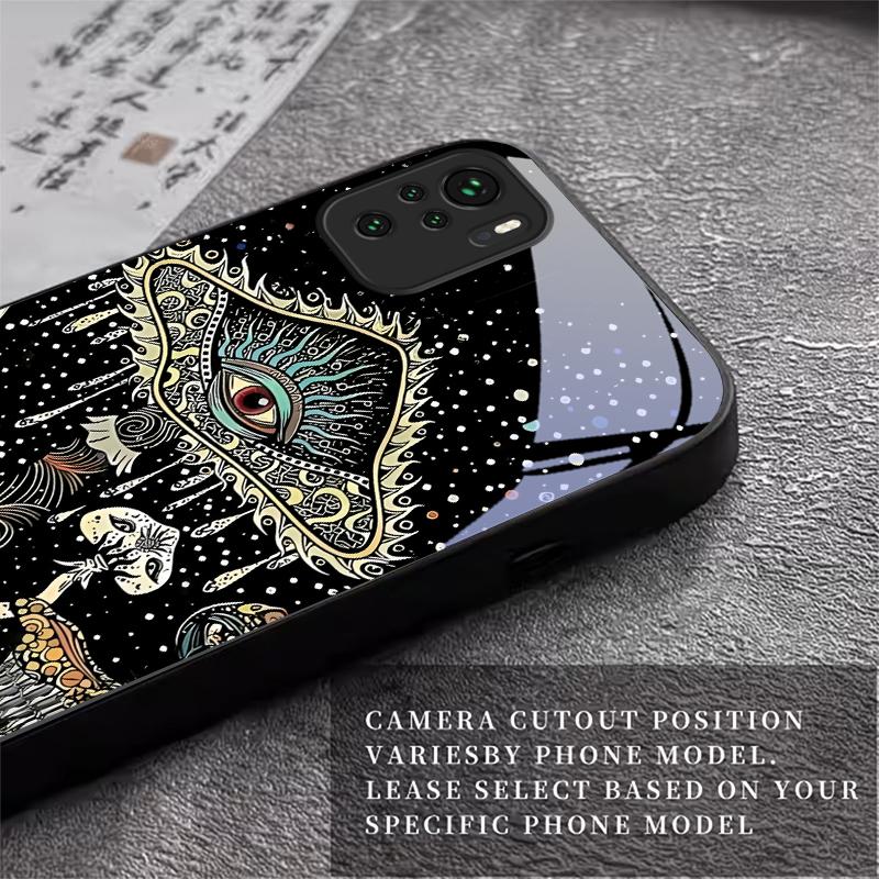 Magic Mushrooms Art Black Glass Phone Case For Redmi Note 10 11 Pro+ 12 13 14 4G (Global) 14 Pro 5G India K60Ultra 13C 14C Cover
