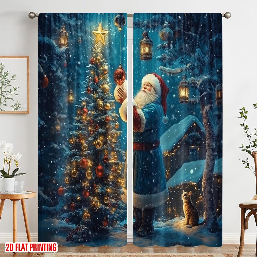 2pcs,2D Plane Printing Minimalist Curtains Father Christmas Decorating Tree Polyester Easy Install (without Rod) Art Deco