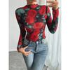Women's Rose Print Sheer Mesh Bodysuit Mock Neck Long Sleeve See Through Bodysuits