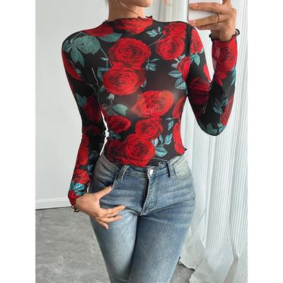 Dames Rose Print Doorzichtig Mesh Bodysuit Hoge Hals Lange Mouwen Doorzichtig Bodysuits