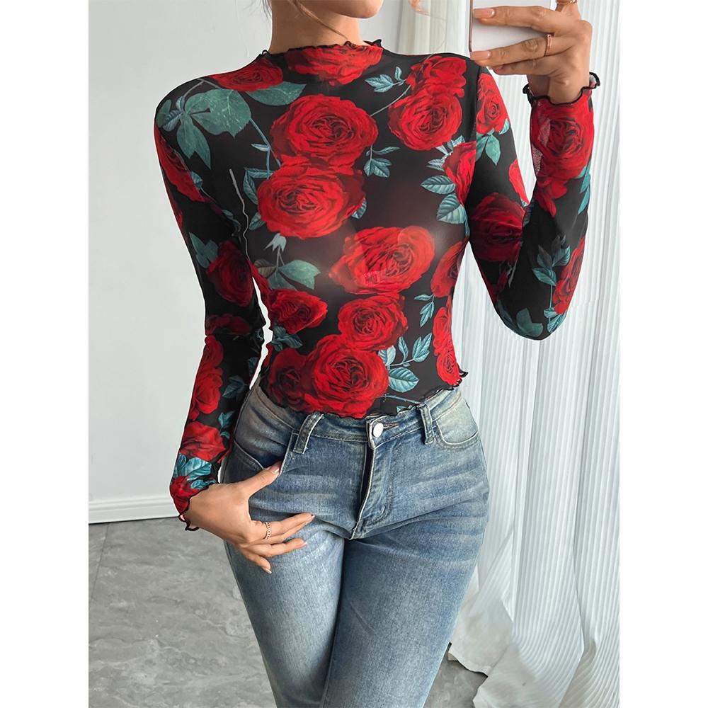 Women's Rose Print Sheer Mesh Bodysuit Mock Neck Long Sleeve See Through Bodysuits