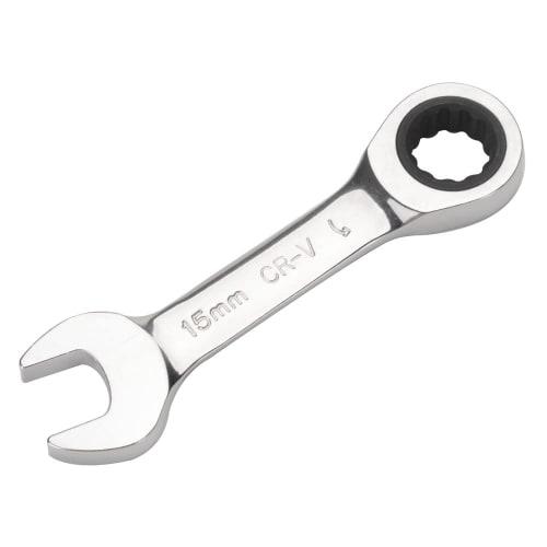 CRV Combination Wrench, Ratchet Wrench, Single-Ended, Short Type, Mirror Finish (15mm), for Car Maintenance