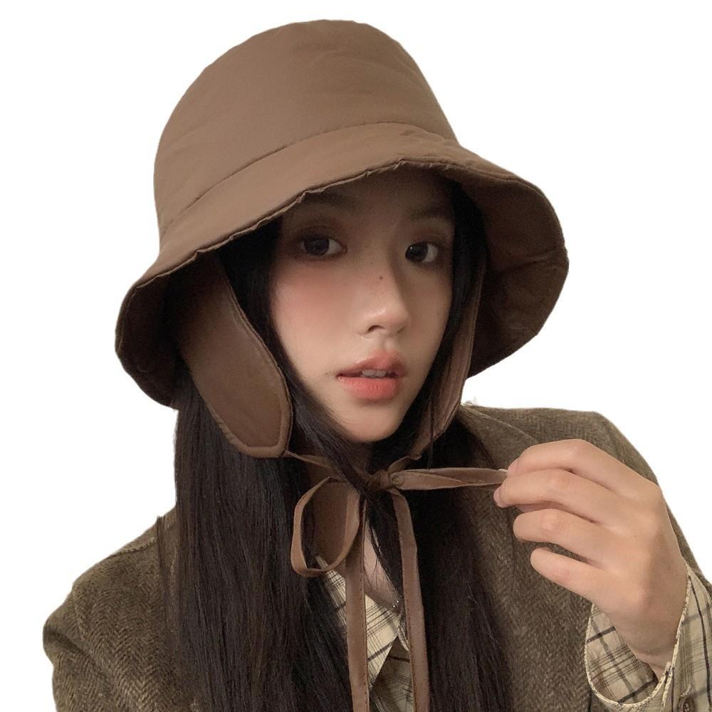 Autumn and Winter Bucket Hat Extended Ear Hat Winter Casual Versatile Lace-up Cycling Warm Thickened Basin Hat