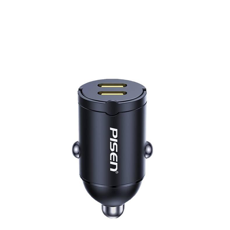 PISEN 30W Dual C-Port Fast Car Charger with Hidden Pull Ring, Compatible with Apple 15 & Huawei