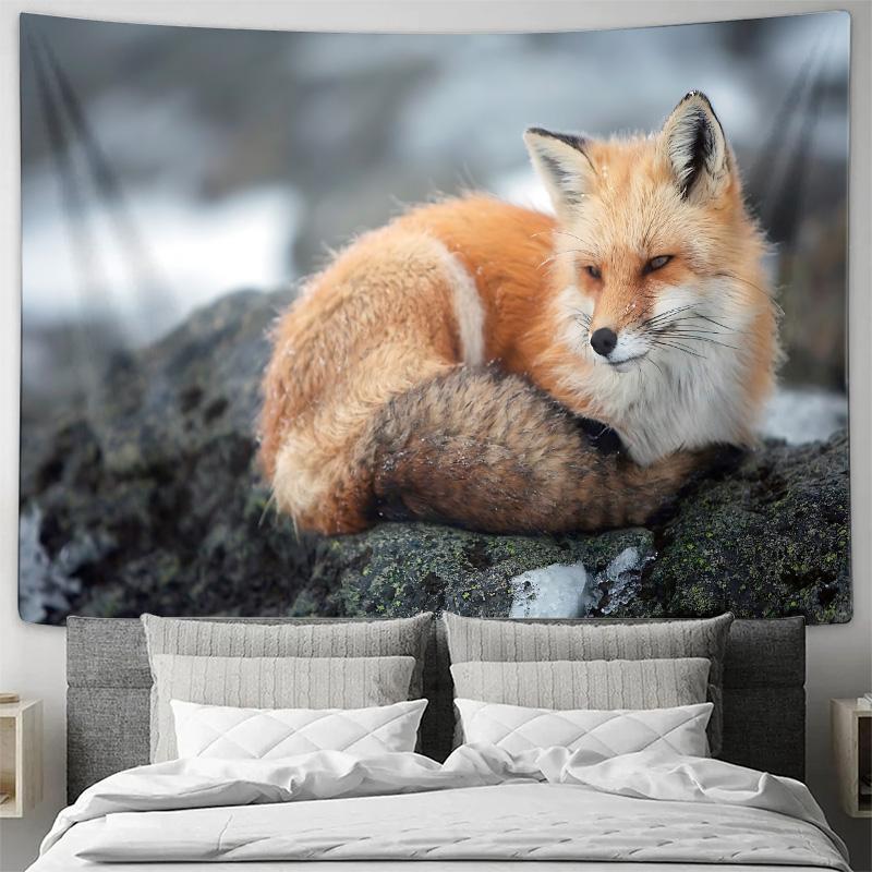 Red Fox Wildlife Animal Nature Snow Landscape Wall Tapestry Machine Washable All Season Decor Art Print Nature Design Home 74x94cm(29x37in)