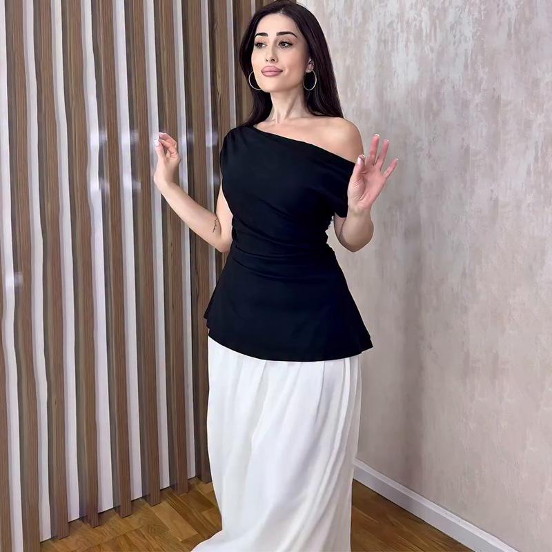 Women's Sleeveless Asymmetrical Neck Solid Color Top and Bodycon Long Skirt Set