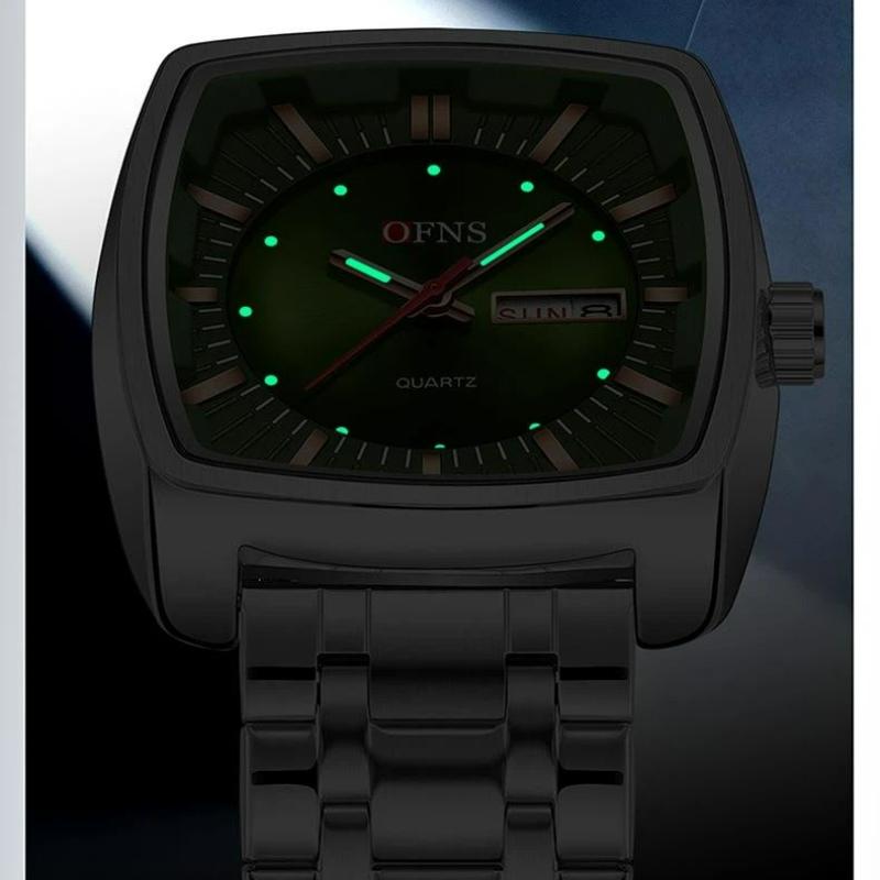 Men Watch Fashion Square Stainless Steel/Silicone Strap Waterproof Luminous Quartz Week Calendar Business Sports WristWatch