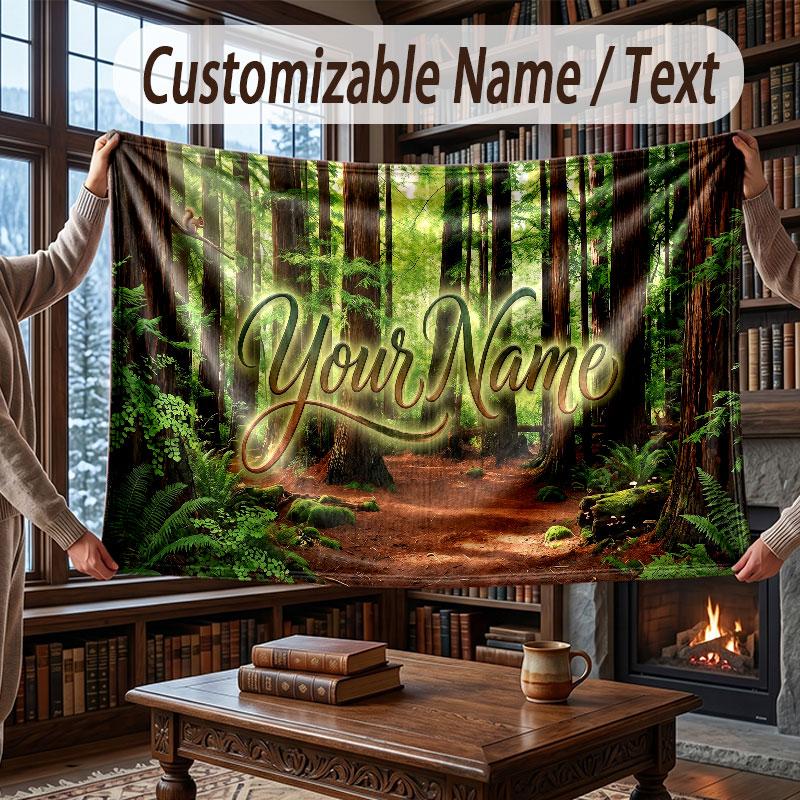 Mushroom Forest Theme Throw Blanket Custom Name Text Personalized Blanket Soft Cozy Blanket for Home Sofa Bed