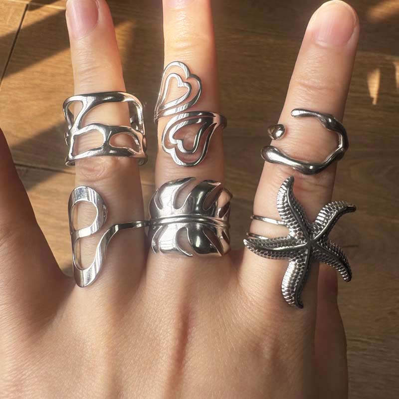 Fashion Silver Color Starfish Leaf Open Rings For Women Stainless Steel Metal Irregular Geometric Double Heart Ring Jewelry