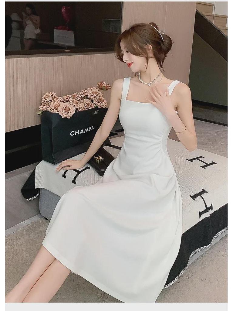 Women's French-Style White Suspender Dress - Summer Cool, Square Neck, Slim Waist, A-Line Long Skirt