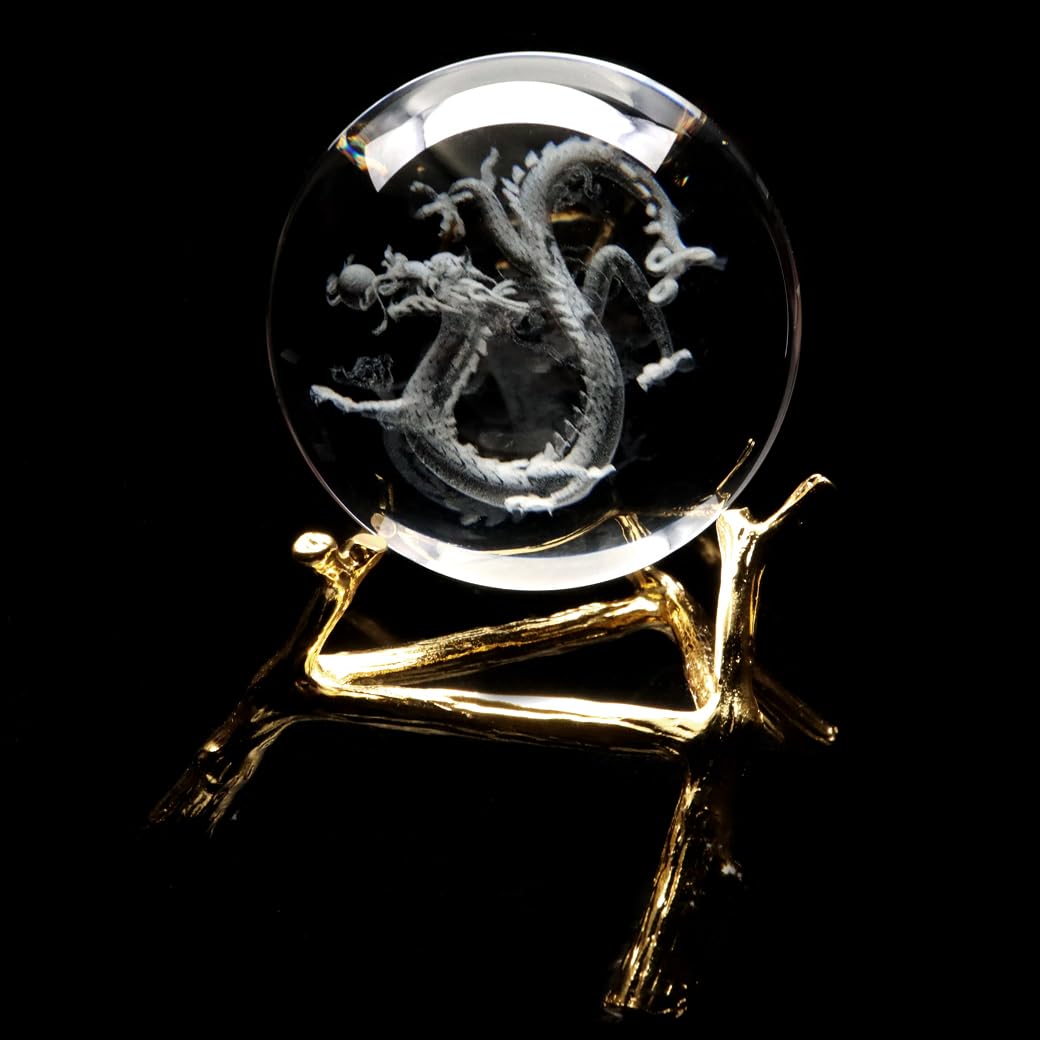 Dragon Crystal Ball, Approx. 80mm, Dragon God, Year of the Dragon, Ornament, Artificial Crystal Ball, with Base, New Year, Lucky Charm, Carving, Ornam