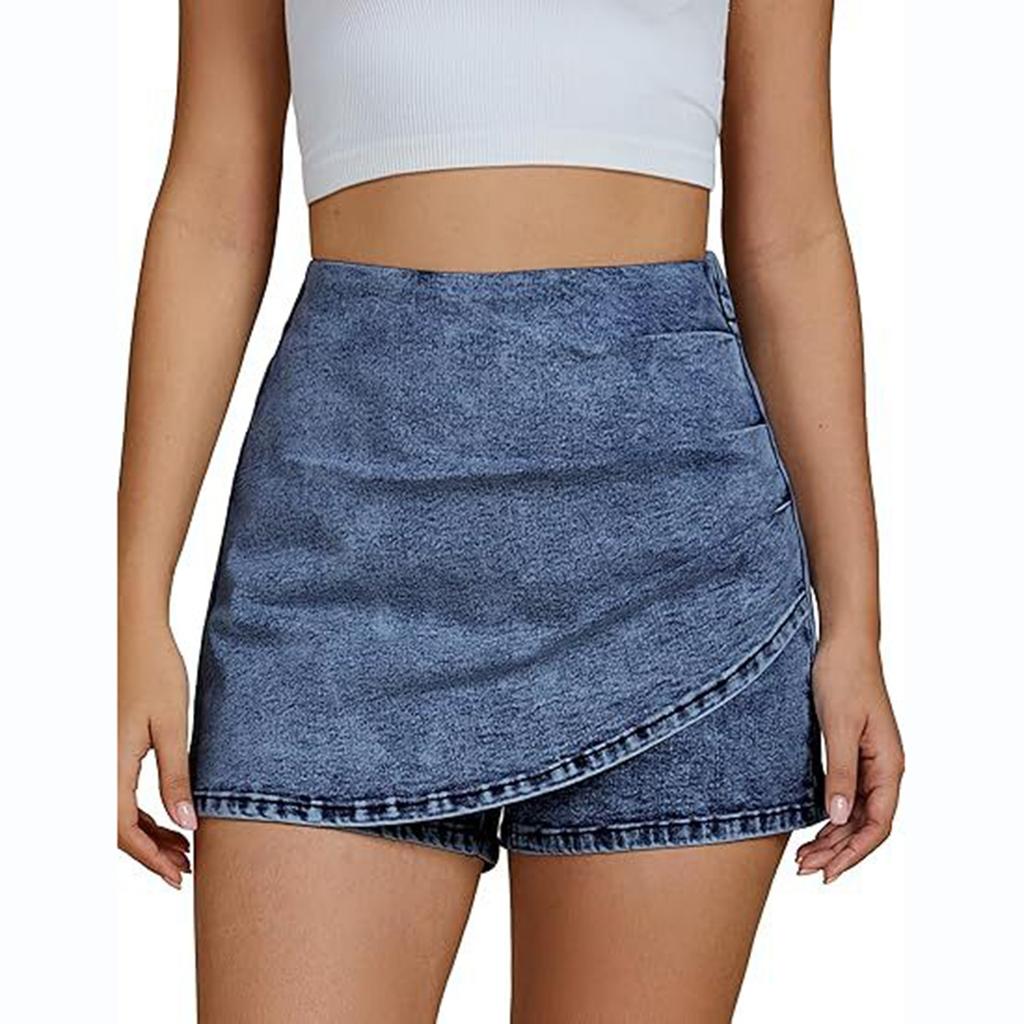 High Waist Denim Skort for Women Casual Asymmetric Wrap Front Design Comfortable Stretchy Fabric Shorts Skirt